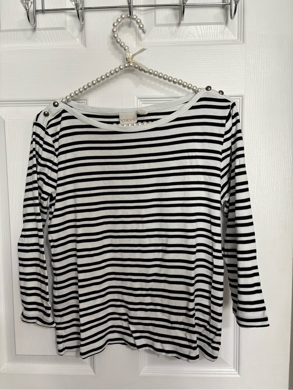 Chico's Black and White Striped Long-Sleeve Boatneck Top with Shoulder Buttons